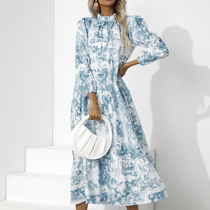 Elegante Losse Pasvorm Lange Mouw Bloemenprint Jurk | Herfst Feestkleding