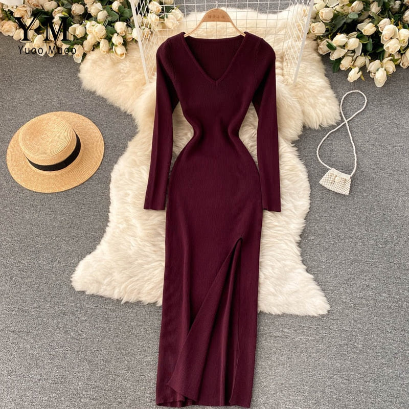 Herbst-Winter Hoher Schlitz Pullover Enges Elastisches Bodycon-Kleid | Langarm-Party-Kleid