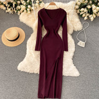 Herbst-Winter Hoher Schlitz Pullover Enges Elastisches Bodycon-Kleid | Langarm-Party-Kleid