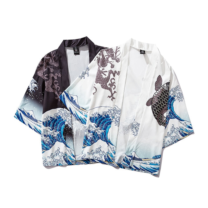 Japanese Wave Carp Print Coat Traditional