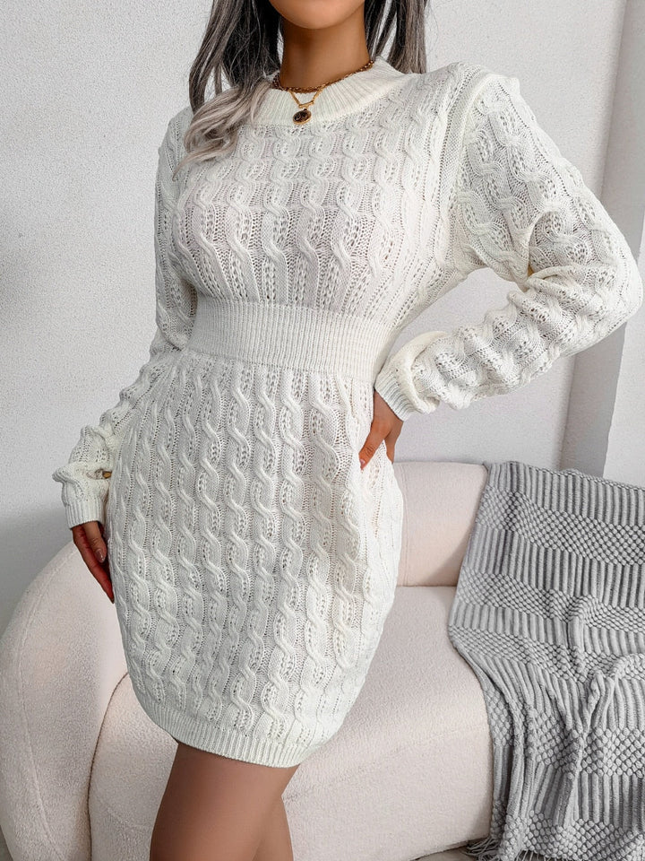 Warmer gestrickter sexy Pullover mit Rundhalsausschnitt | Laternenärmel, hohe Taille, Wintermode