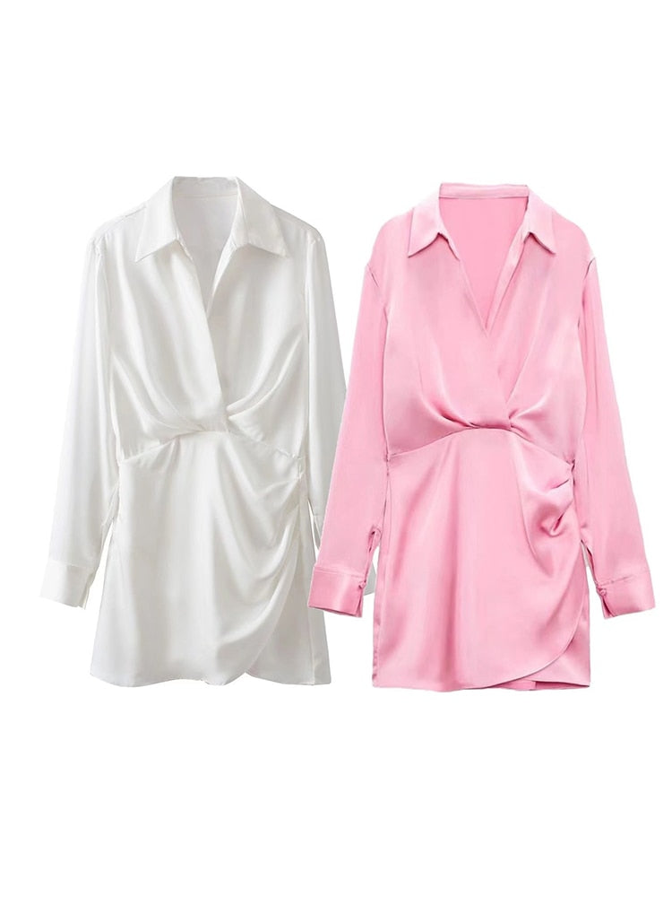 Elegante Roze Satijnen Wikkeljurk | Lange Mouwen Mini Jurk