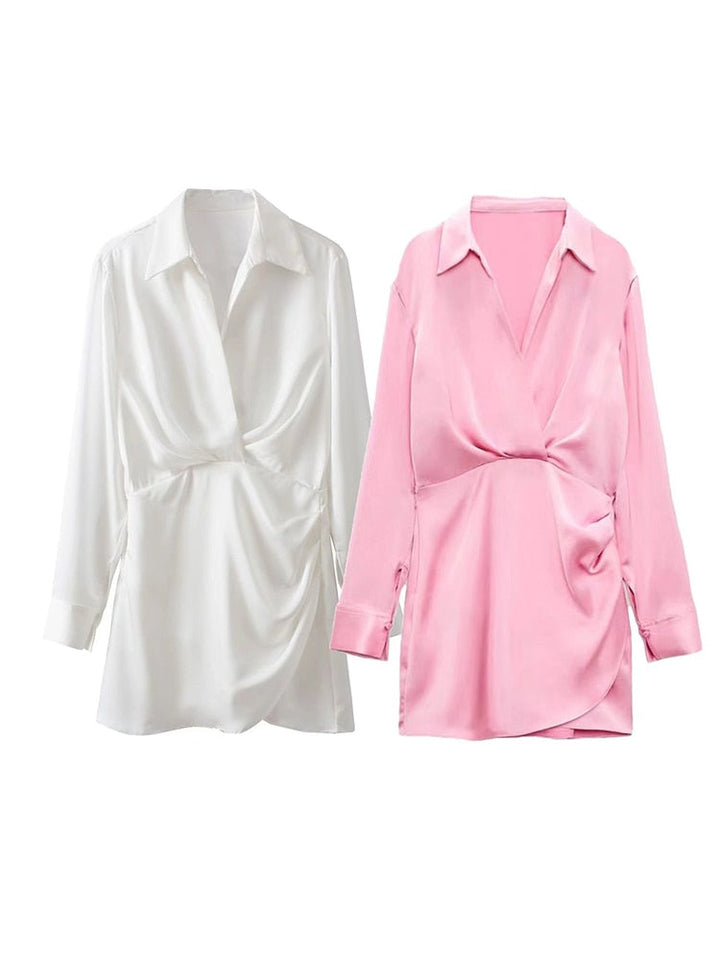 Elegante Roze Satijnen Wikkeljurk | Lange Mouwen Mini Jurk