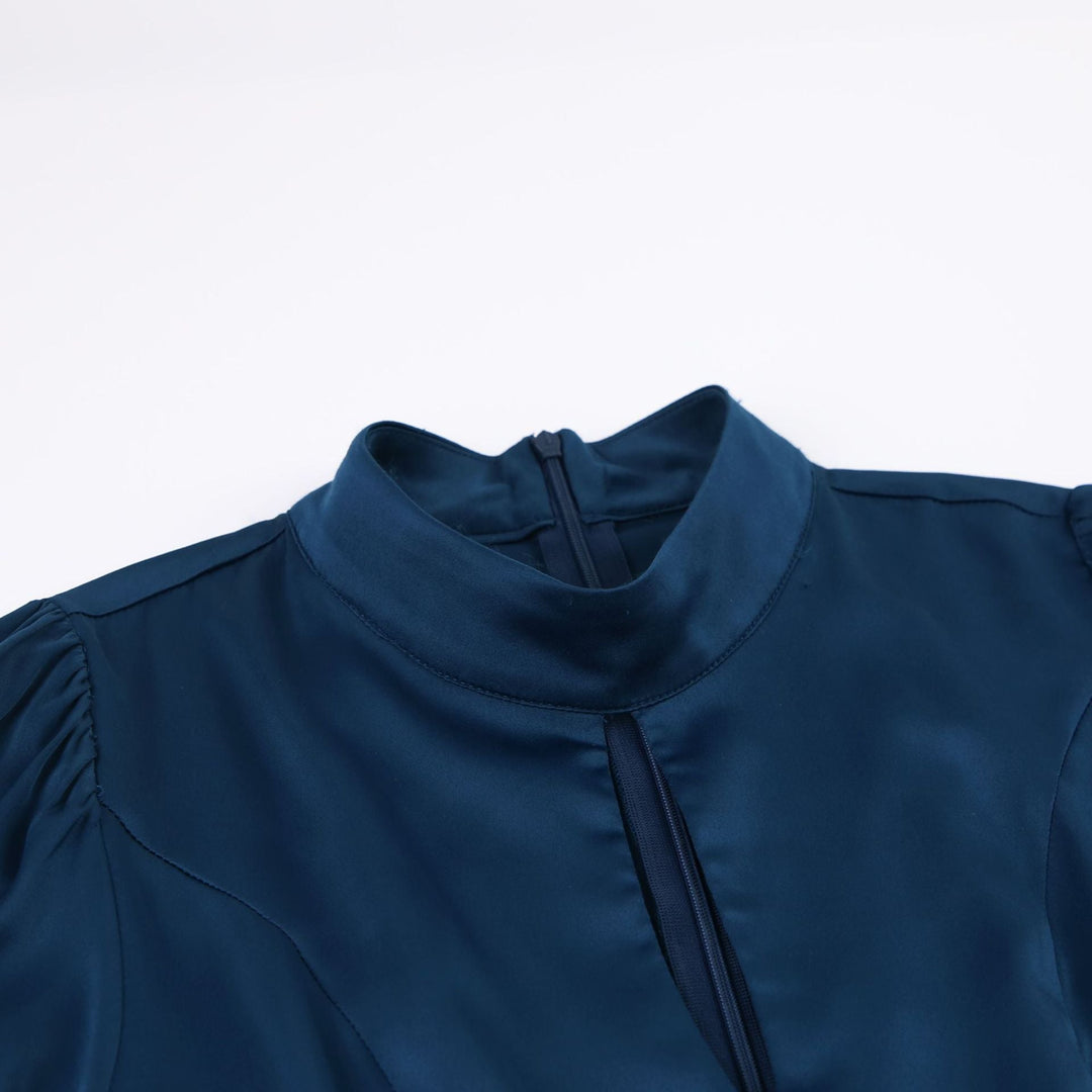 Elegante Marineblauwe Jurk met Lantaarnmouwen en Split in Satijn | Hoge Taille A-Lijn Feest Midi Mode