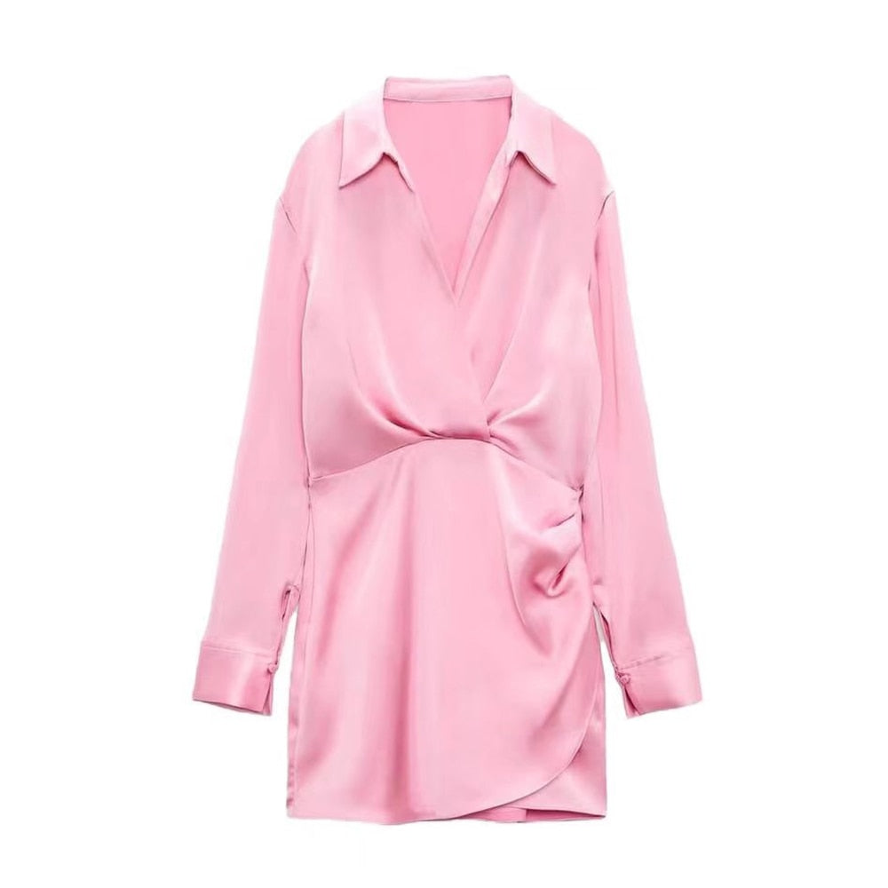 Elegante Roze Satijnen Wikkeljurk | Lange Mouwen Mini Jurk