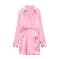 Elegante Roze Satijnen Wikkeljurk | Lange Mouwen Mini Jurk