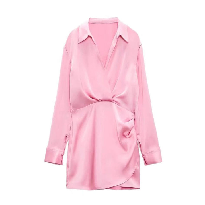 Elegante Roze Satijnen Wikkeljurk | Lange Mouwen Mini Jurk