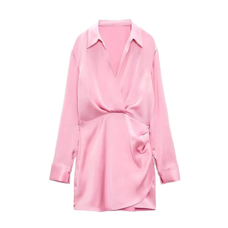 Elegante Roze Satijnen Wikkeljurk | Lange Mouwen Mini Jurk