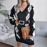 Herbst-Winter Trendiges Damen V-Ausschnitt Langarm Kariertes Pullover-Rock-Set