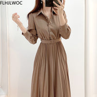 Elegant High Waist Pleated Maxi Dress | Long Sleeves With Belt