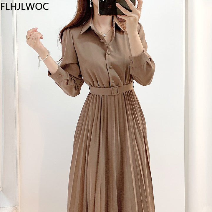 Elegant High Waist Pleated Maxi Dress | Long Sleeves With Belt