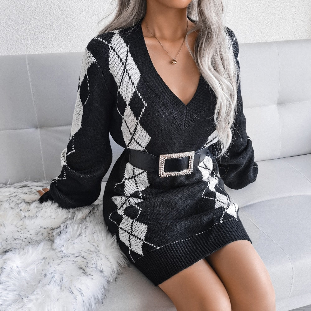 Herbst-Winter Trendiges Damen V-Ausschnitt Langarm Kariertes Pullover-Rock-Set