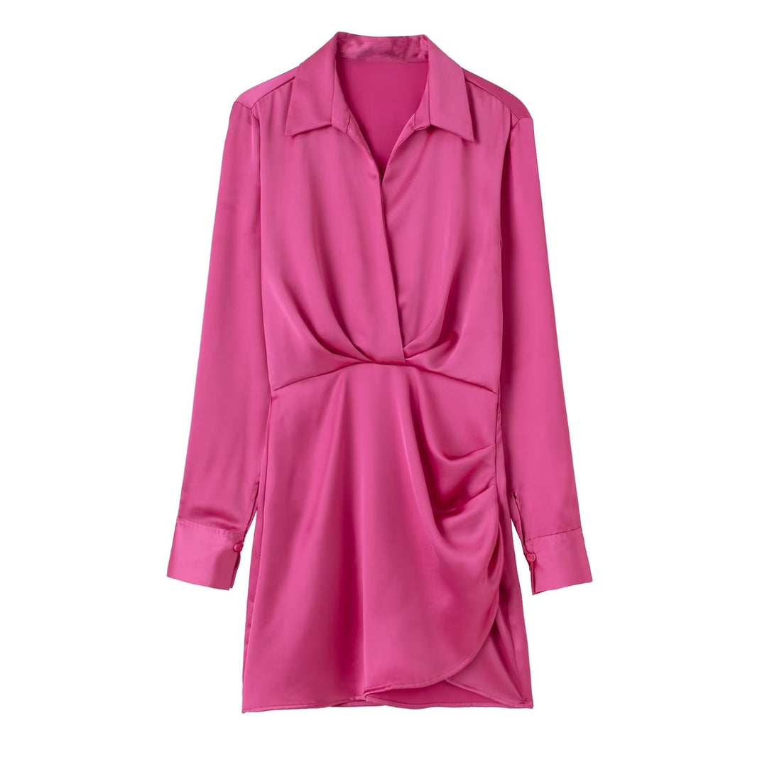 Elegante Roze Satijnen Wikkeljurk | Lange Mouwen Mini Jurk