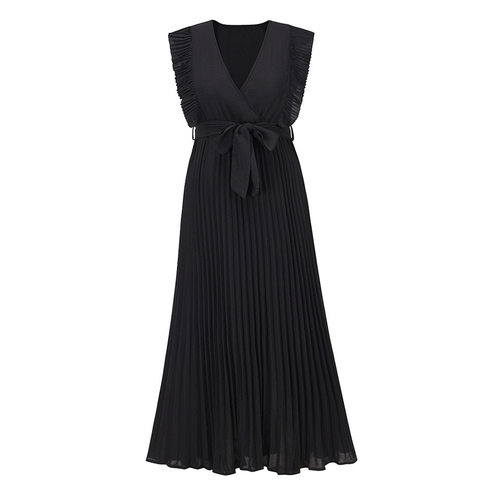 Elegante Mouwloze V-Hals Zomerjurk | Geplooide Chiffon Maxi met Riem