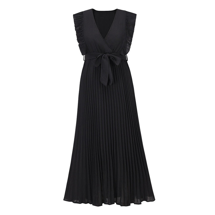 Elegante Mouwloze V-Hals Zomerjurk | Geplooide Chiffon Maxi met Riem