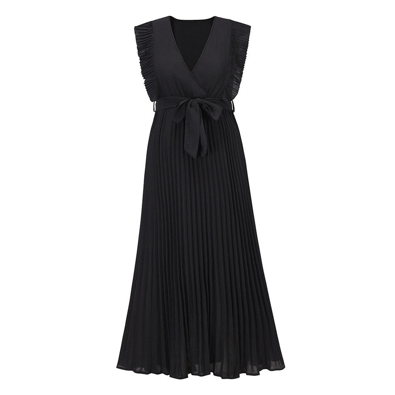 Elegante Mouwloze V-Hals Zomerjurk | Geplooide Chiffon Maxi met Riem