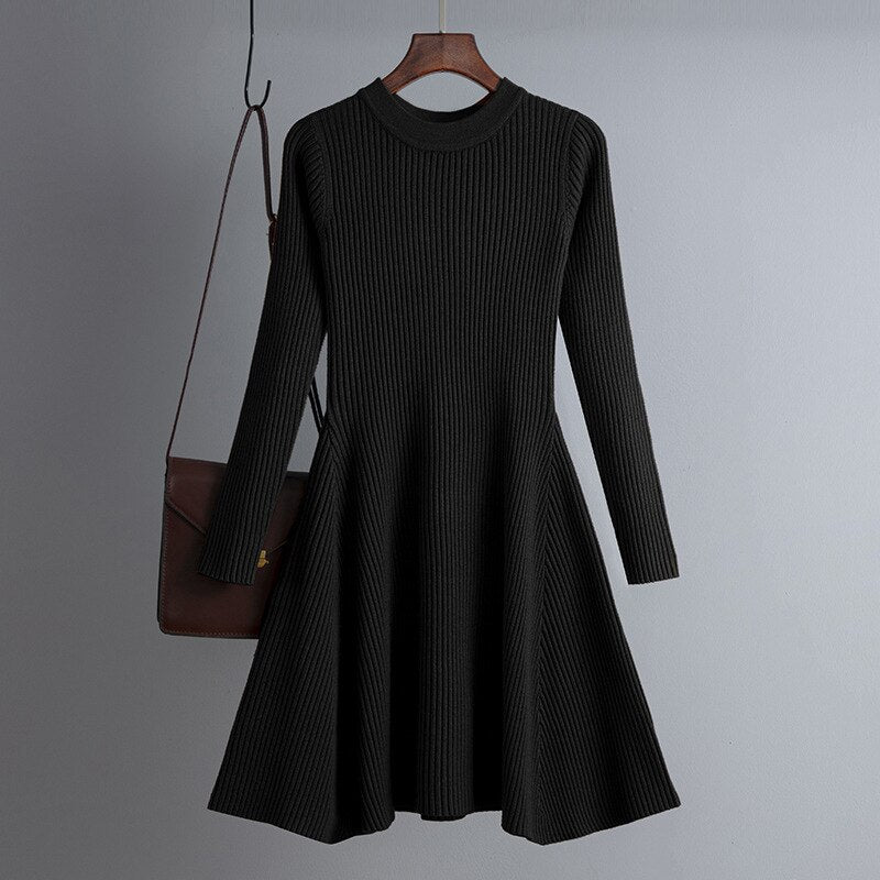 Chic O-Neck Long Sleeve Sweater Dress | Dikke Gebreide Mini Outfit