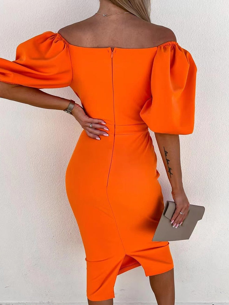 Elegante Kokerjurk met Pofmouwen | Slim Fit Feestjurk met Splitzoom