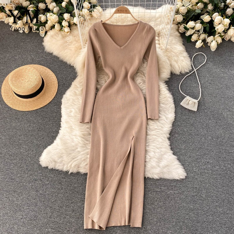 Herbst-Winter Hoher Schlitz Pullover Enges Elastisches Bodycon-Kleid | Langarm-Party-Kleid