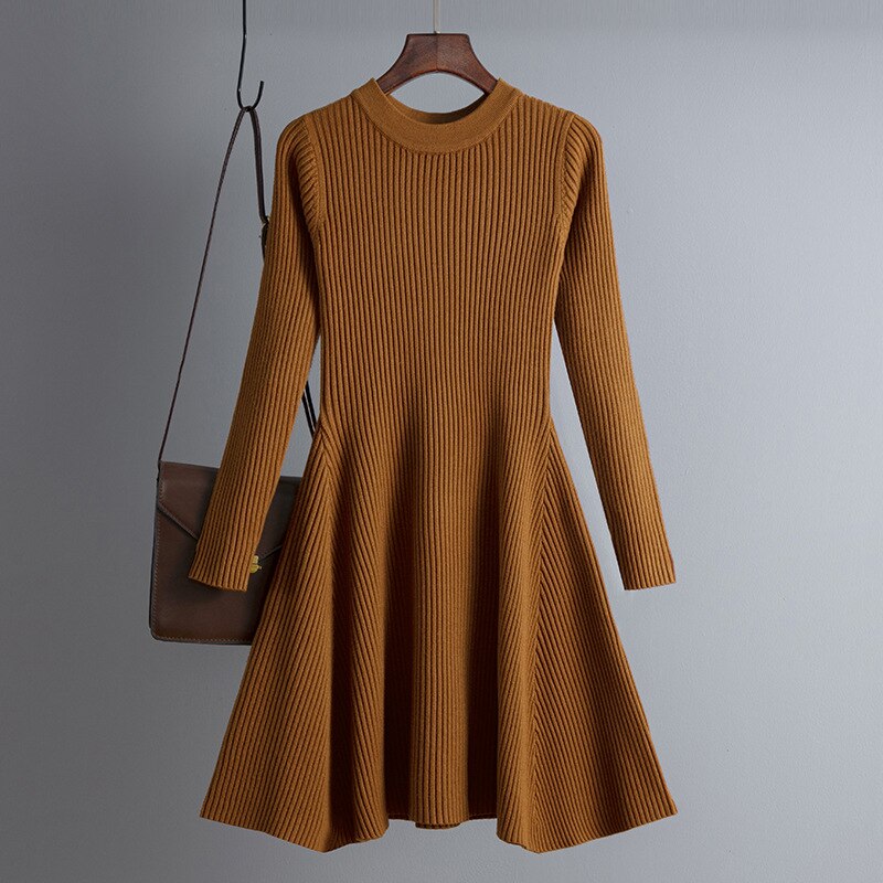Chic O-Neck Long Sleeve Sweater Dress | Dikke Gebreide Mini Outfit
