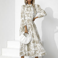 Elegante Losse Pasvorm Lange Mouw Bloemenprint Jurk | Herfst Feestkleding