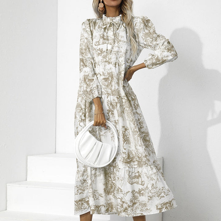 Elegante Losse Pasvorm Lange Mouw Bloemenprint Jurk | Herfst Feestkleding