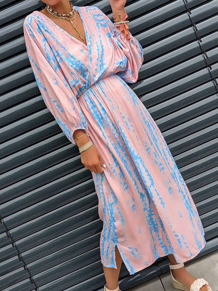 Geometrischer Print Boho Puffärmel V-Ausschnitt Kleid | Strandurlaub Kleidung