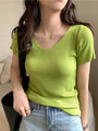 Sommer V-Ausschnitt Geripptes Slim Fit T-Shirt | Kurzarm Strickpullover