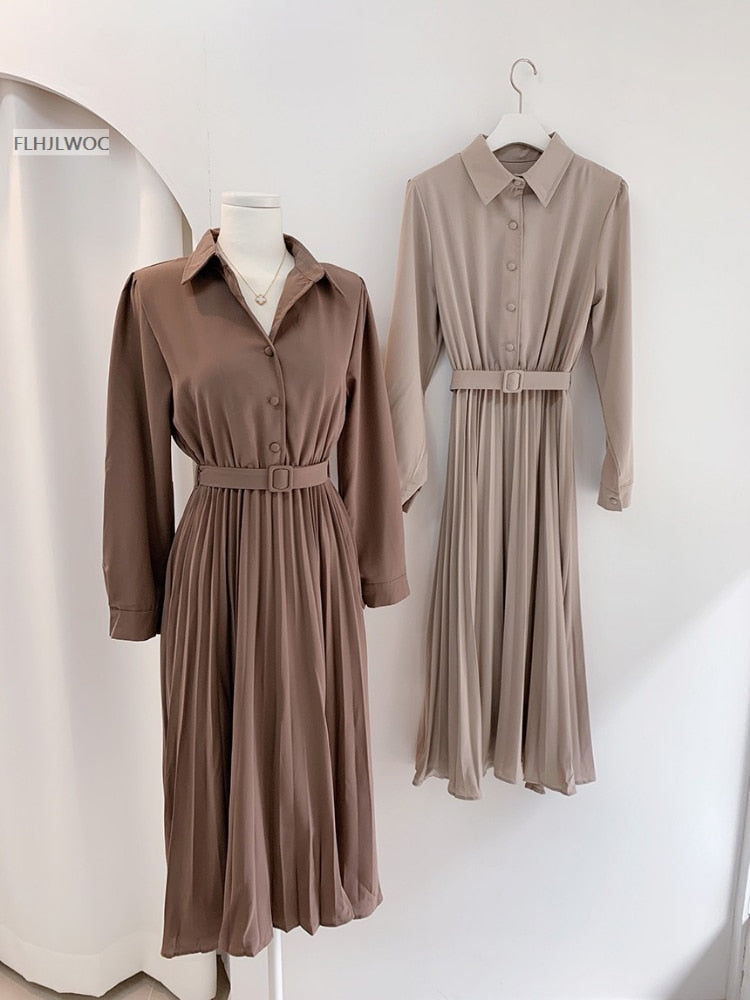 Elegant High Waist Pleated Maxi Dress | Long Sleeves With Belt