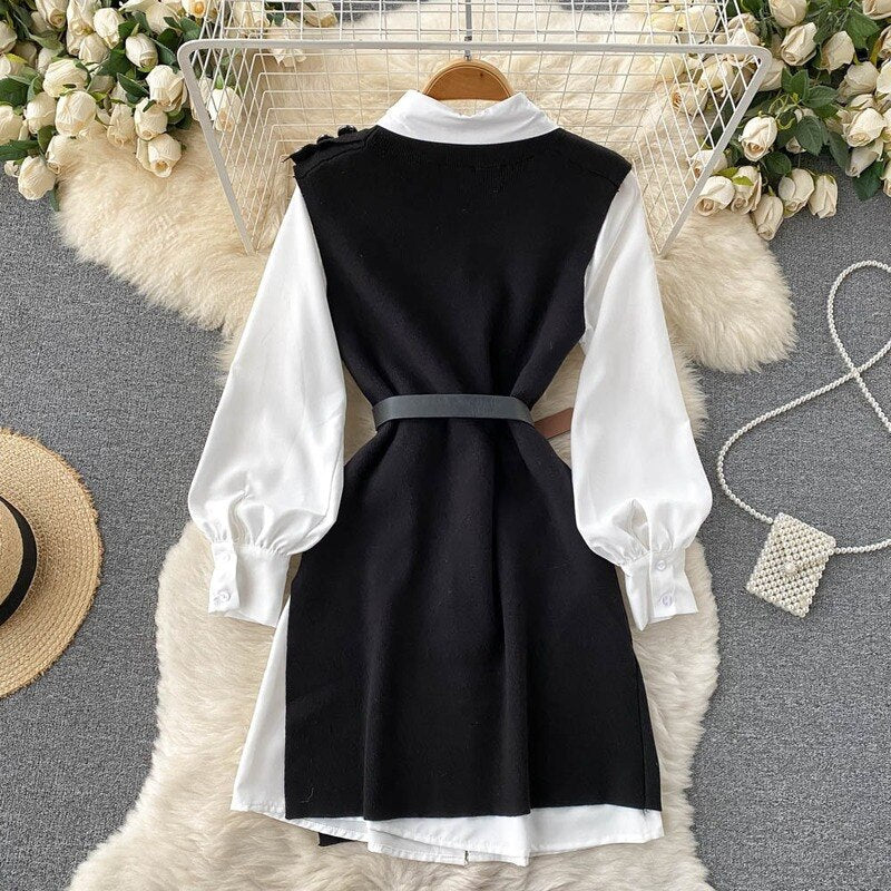 Stylish Lantern Sleeve Blouse & Knitted Vest | Two-Piece Set