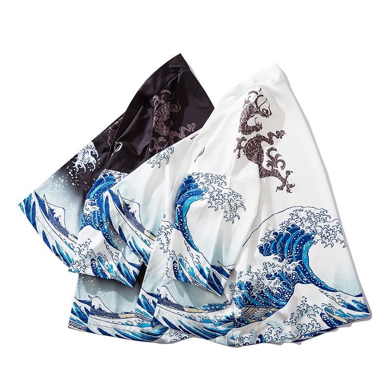 Japanese Wave Carp Print Coat Traditional