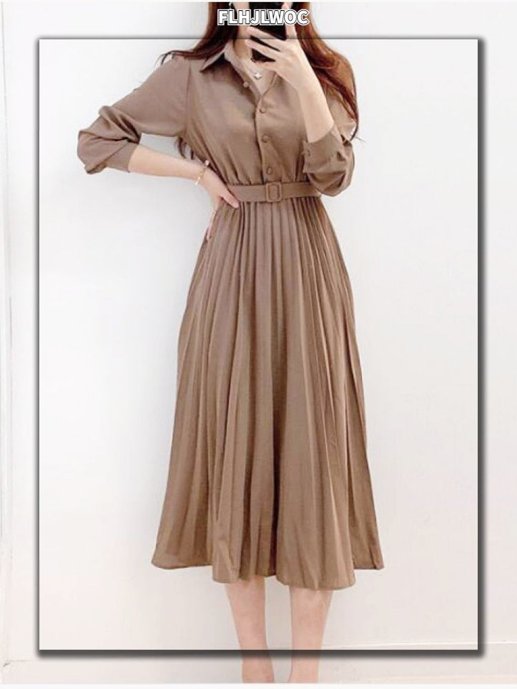 Elegant High Waist Pleated Maxi Dress | Long Sleeves With Belt