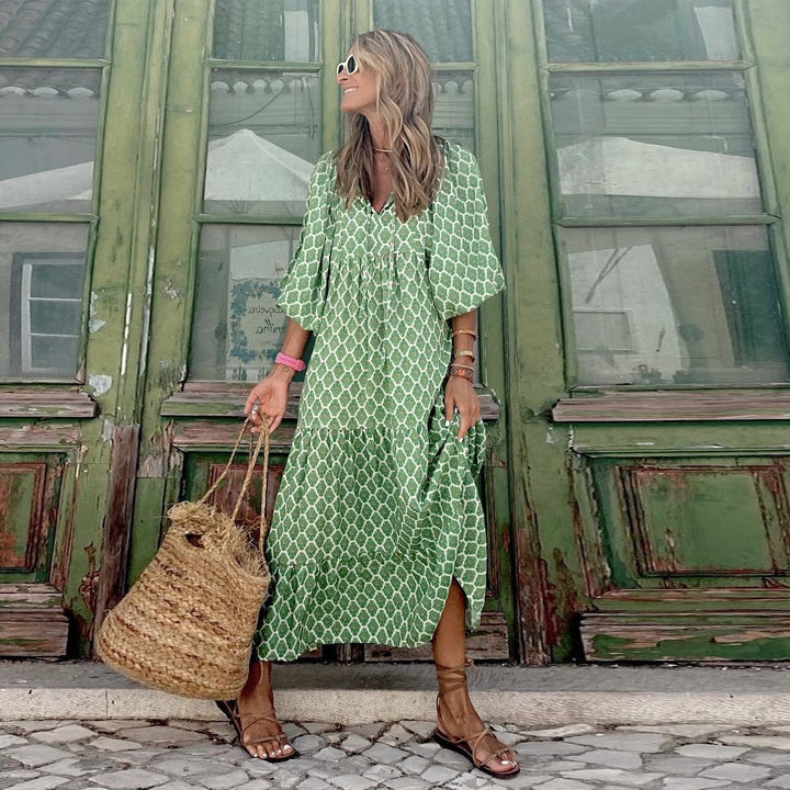 Boho Puffärmel V-Ausschnitt Langes Sommerkleid | Blumenmuster | Lässige Strandkleidung