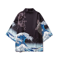 Japanese Wave Carp Print Coat Traditional