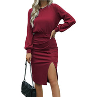 Elegante Geribde Gebreide Bodycon Lange Mouwen Jurk | Herfst-Winter Sexy Split