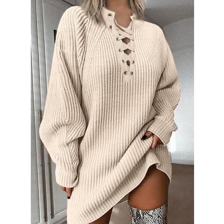 V-hals Herfst Lange Mouw Gebreide Pullover Trui Jurk | Sexy Vetersluiting