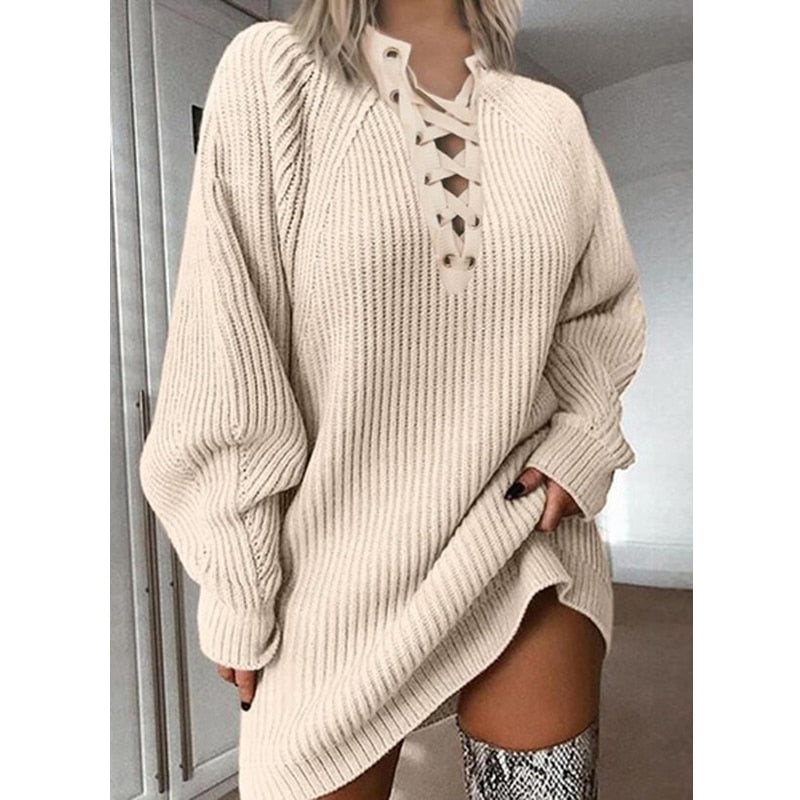 V-hals Herfst Lange Mouw Gebreide Pullover Trui Jurk | Sexy Vetersluiting