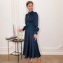 Elegantes Marineblaues Kleid mit Laternenärmeln und Schlitz aus Satin | Hohe Taille A-Linien Festliches Midi-Mode