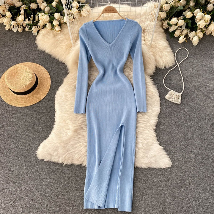 Herbst-Winter Hoher Schlitz Pullover Enges Elastisches Bodycon-Kleid | Langarm-Party-Kleid