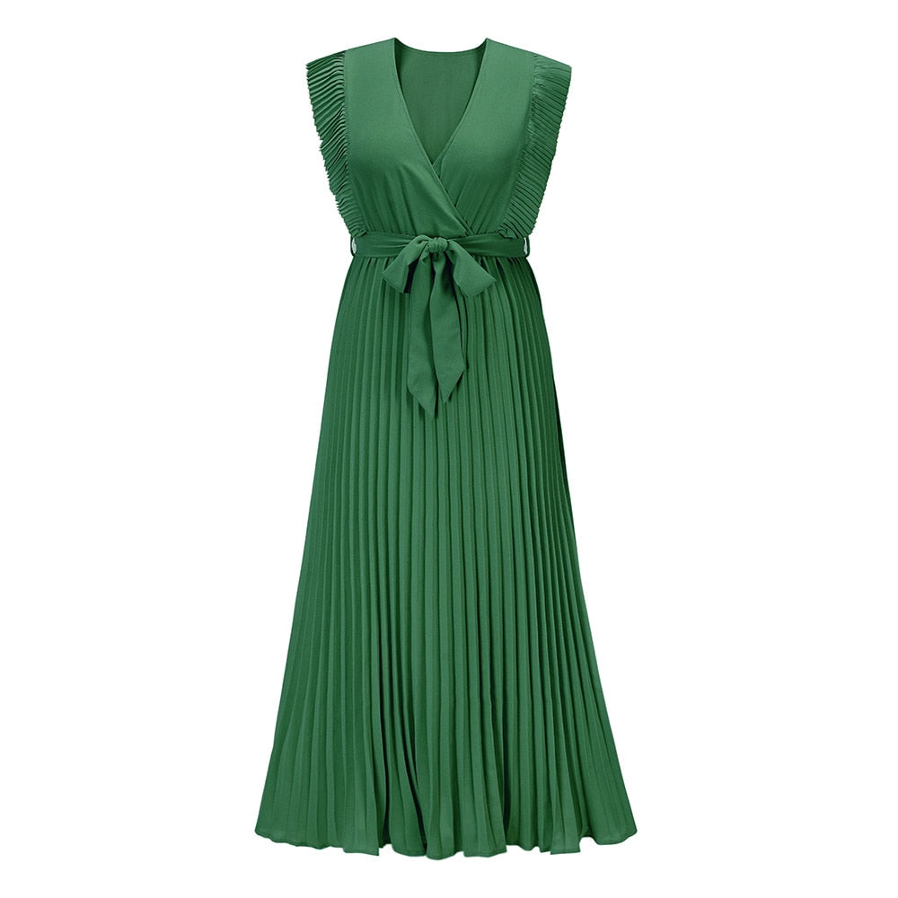 Elegante Mouwloze V-Hals Zomerjurk | Geplooide Chiffon Maxi met Riem