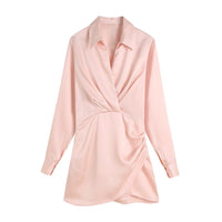 Elegante Roze Satijnen Wikkeljurk | Lange Mouwen Mini Jurk