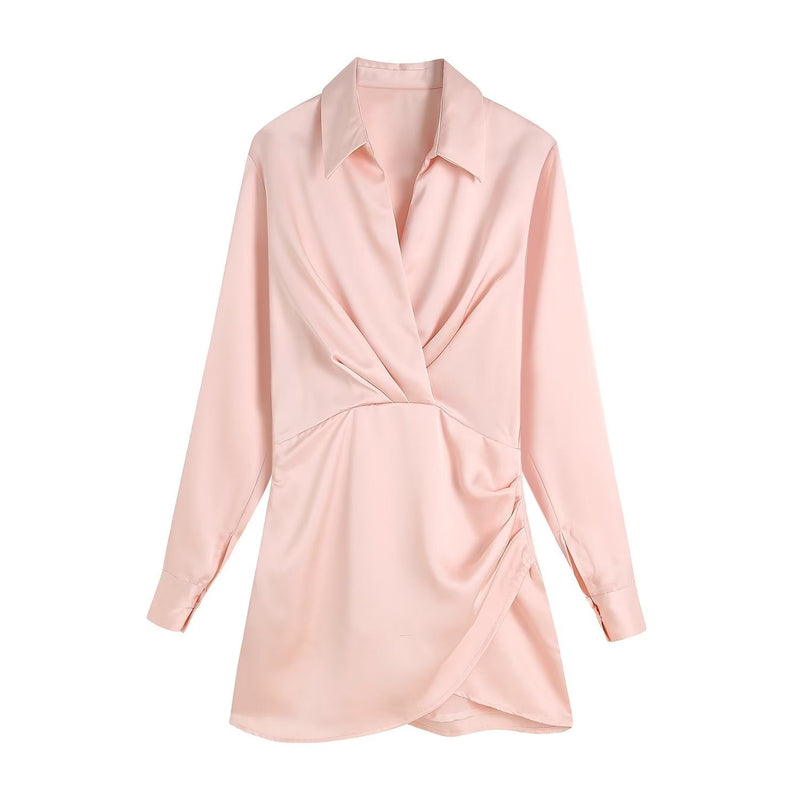Elegante Roze Satijnen Wikkeljurk | Lange Mouwen Mini Jurk