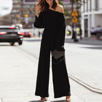 Casual Losvallende Effen Wafel Voorjaarsset | Hoge Taille Wijde Broek & Lange Mouw Top