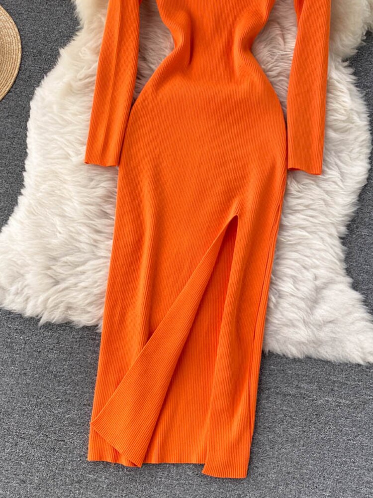 Herbst-Winter Hoher Schlitz Pullover Enges Elastisches Bodycon-Kleid | Langarm-Party-Kleid