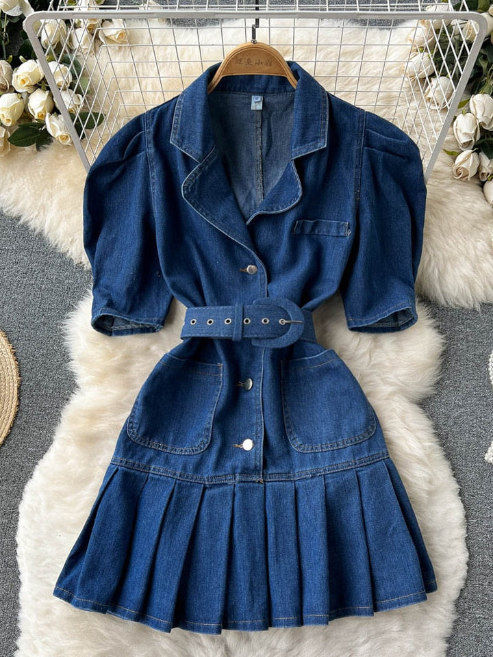 Retro Slim Fit Backless Denim Jurk | Bubbelmouwen Korte Mini Outfit