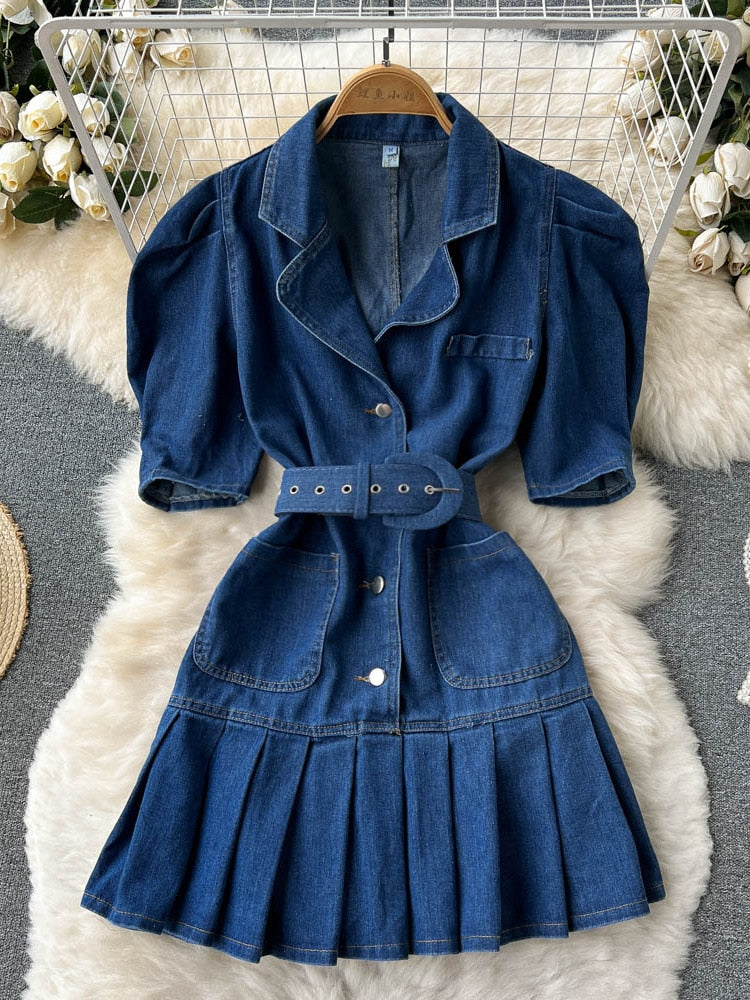 Retro Slim Fit Backless Denim Jurk | Bubbelmouwen Korte Mini Outfit