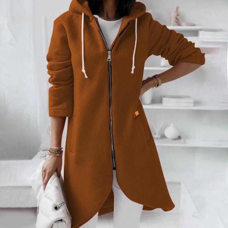 Mid-length coat with hood