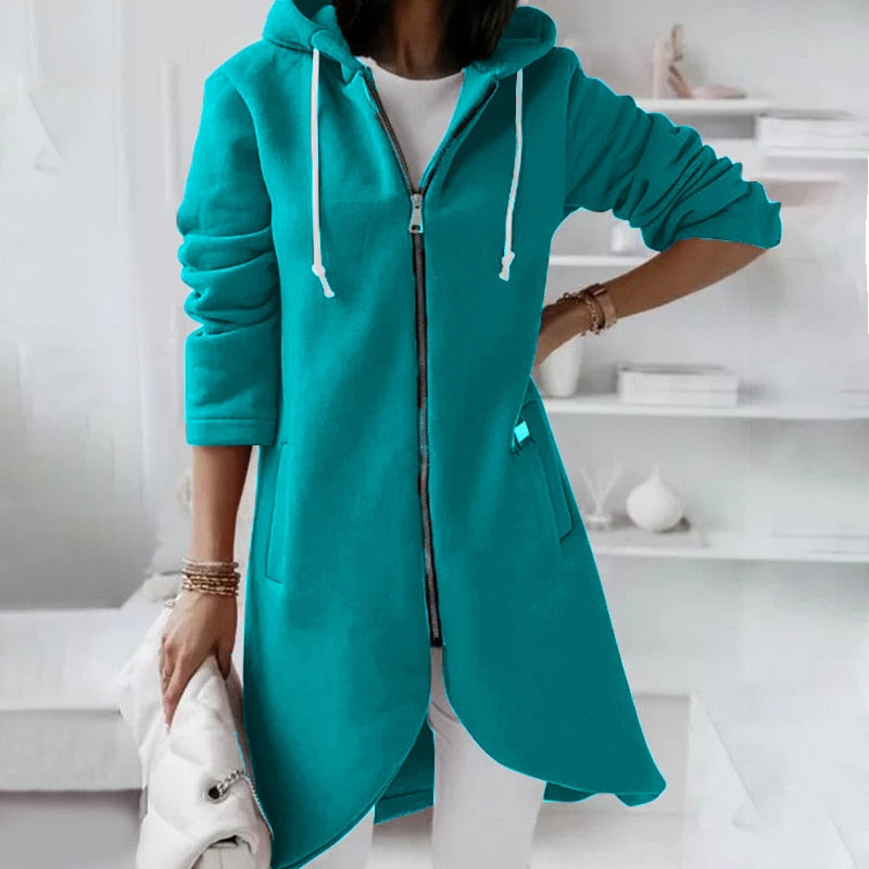 Mid-length coat with hood