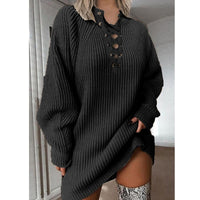 V-hals Herfst Lange Mouw Gebreide Pullover Trui Jurk | Sexy Vetersluiting