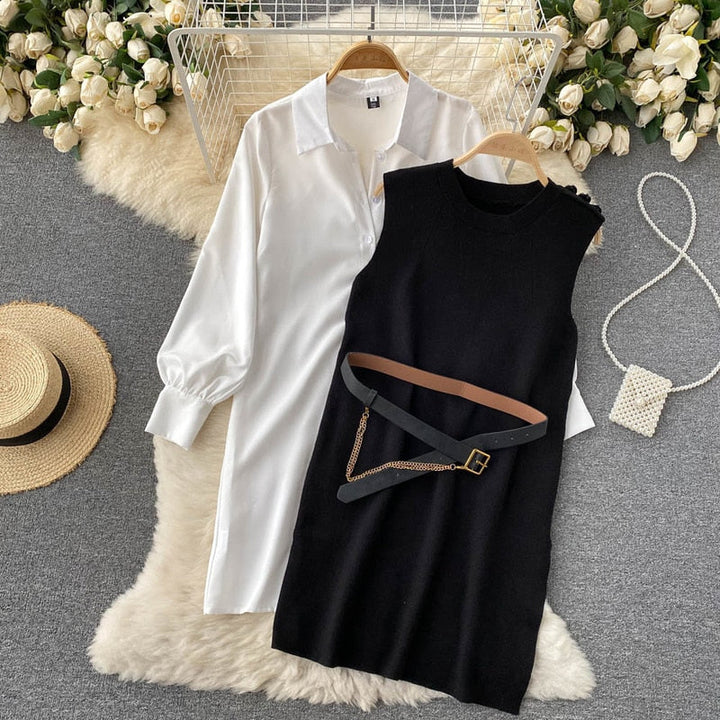Stylish Lantern Sleeve Blouse & Knitted Vest | Two-Piece Set